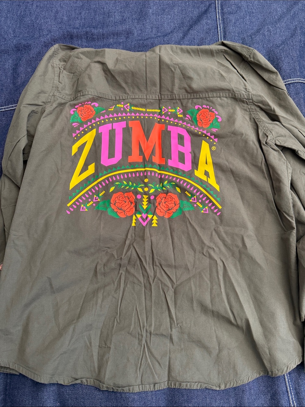 Zumba Fitness Olive Button Down Shirt with Bright Multi-Color Logo